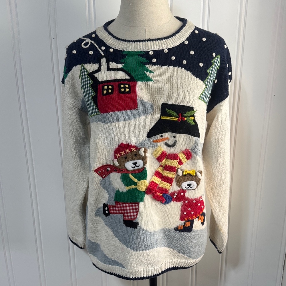 Vintage Crystal-Kobe Snowman Skating Bears Christmas Sweater Size Small